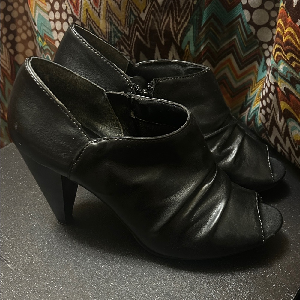 Mudd Black Peep-Toe Ruching Heeled Booties